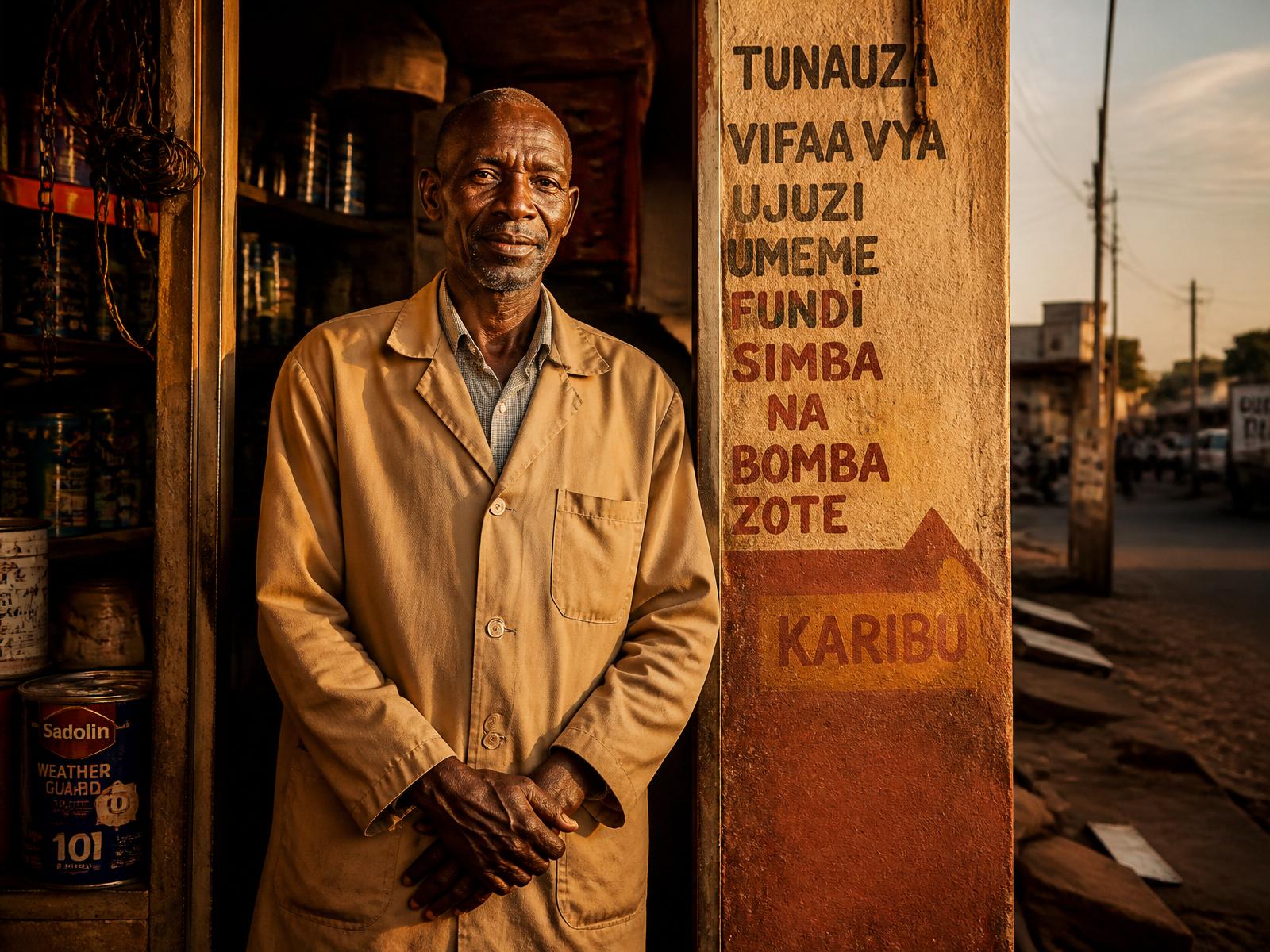A Kenyan shop owner standing at the entrance of his hardware store